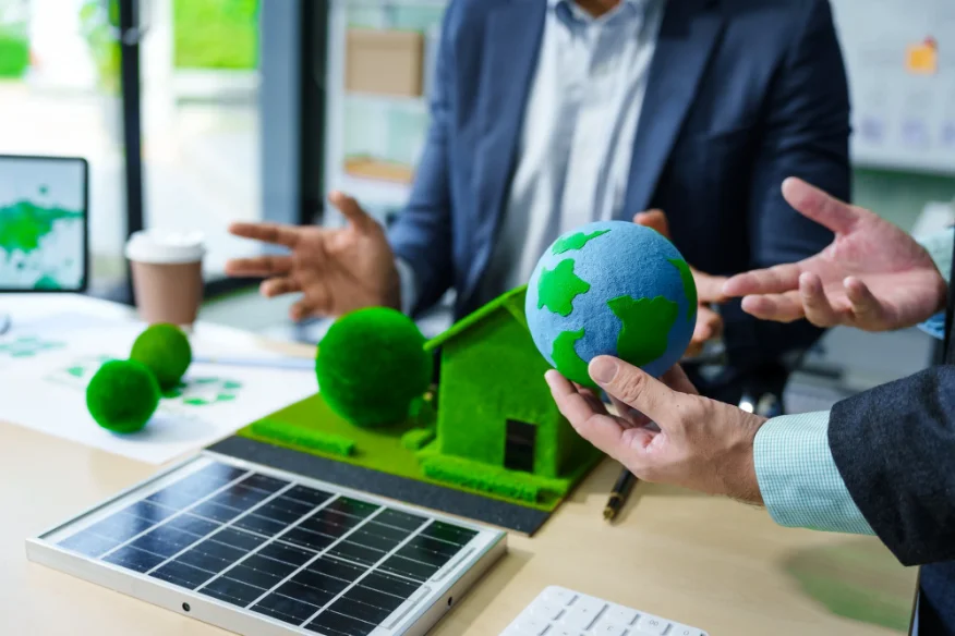 Beratungsgespräch zur Solaranlage mit Hausmodell, Globus und Solarmodul auf dem Tisch