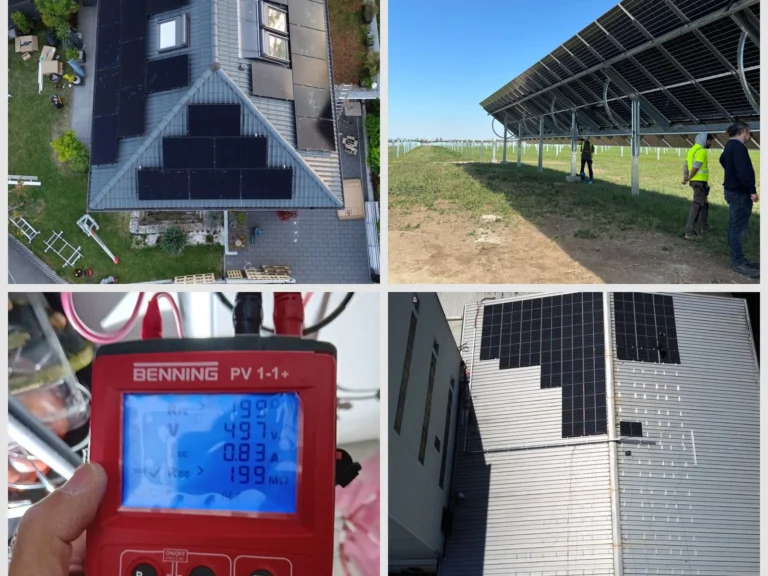 Vier Aufnahmen einer Installation: Dachanlage, Solarpark, Messgerät zur Prüfung und Fassadenmodule