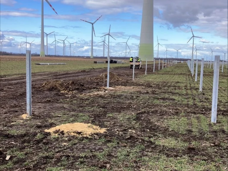 Reihen von Stützpfosten auf dem Baufeld eines Solarparks mit Windrädern